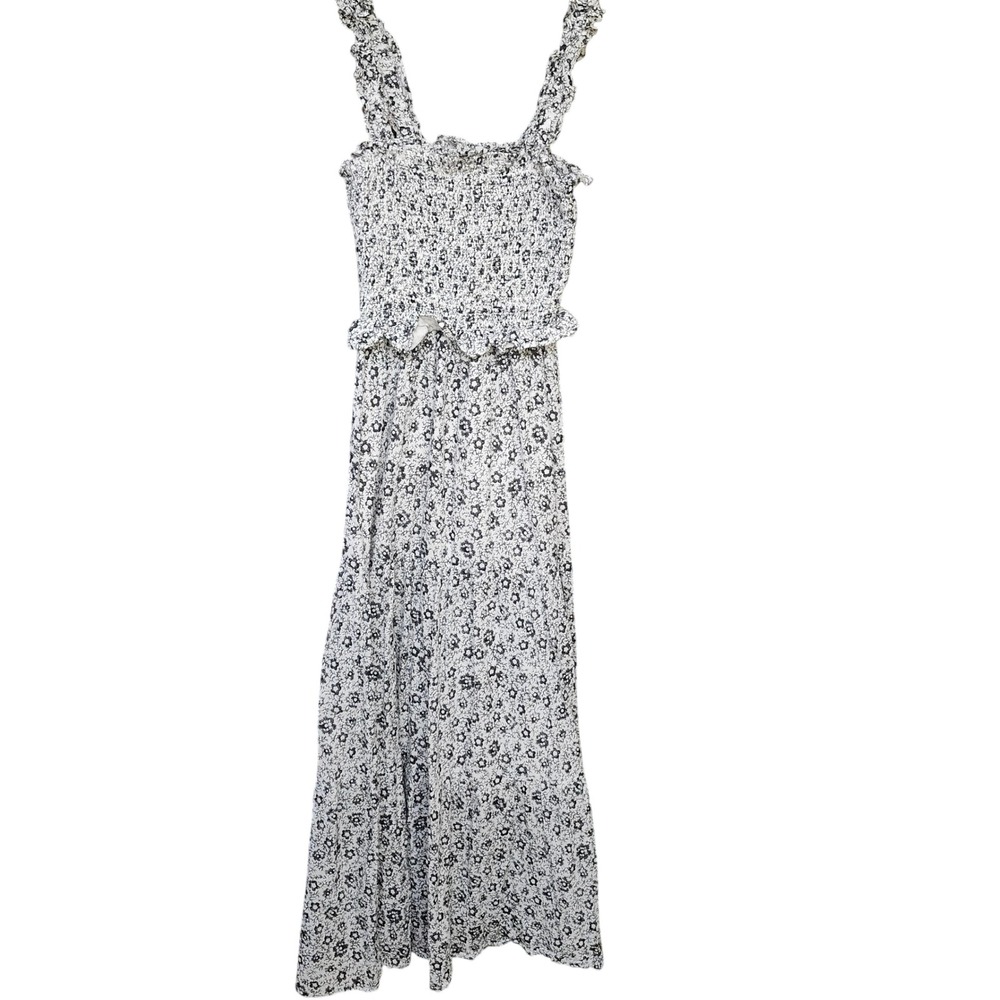 Elan Womens‎ Black White Ditsy Floral Smocked Ruffle Strap Tiered Maxi Dress S